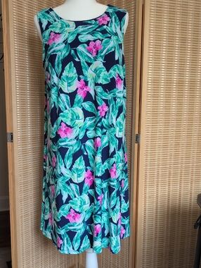 Pappagallo Navy A-Line Dress with Pink Floral & Green Leaves